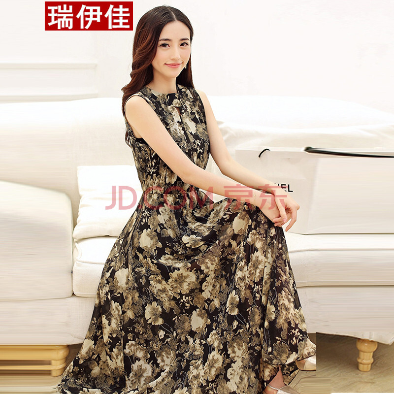 瑞伊佳2014夏装新款韩版雪纺连衣裙长裙夏 黑花 xl