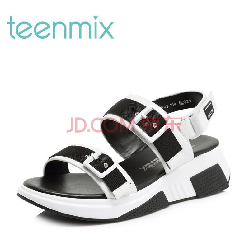 Teenmix/ÌìÃÀÒâ2018ÏÄר¹ñͬ¿îÒÆÄ¤¶þ²ãţƤºñµ×Å®Á¹Ð¬CDP03BL8 °×É« 38
