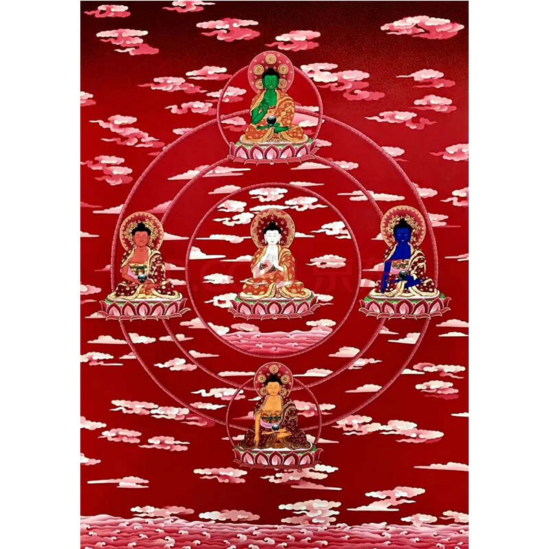 (尼泊尔)lama 高端红唐《五方佛》收藏珍品 唐卡画师