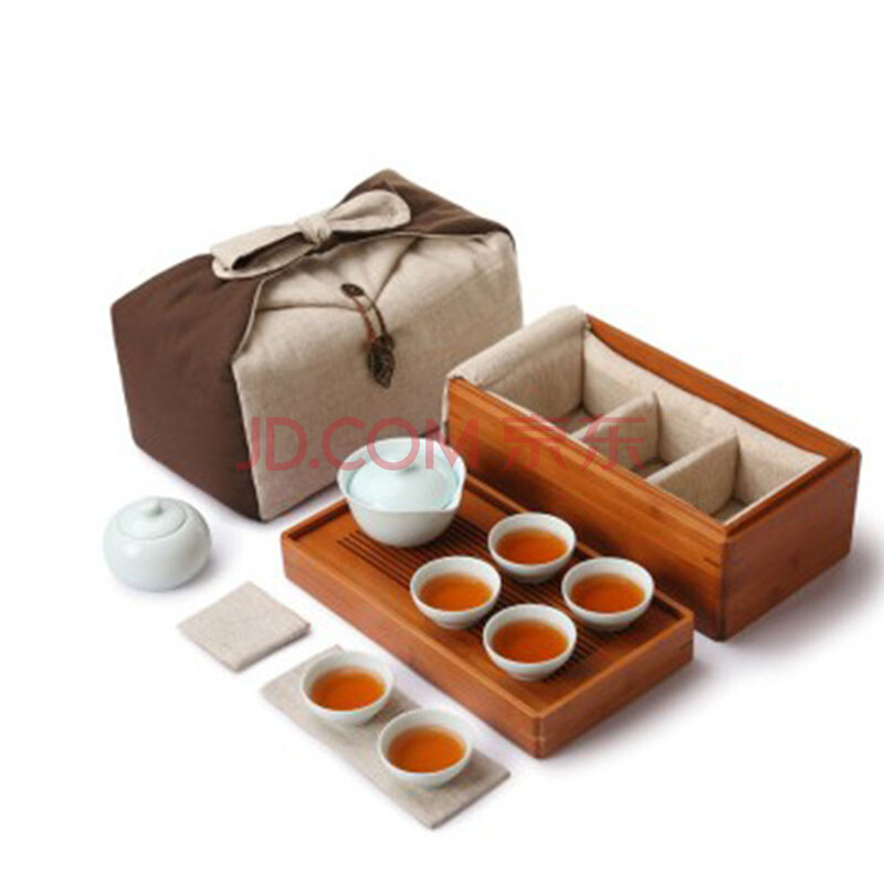 饮致便携旅行功夫茶具6人整套装储水竹茶盘陶瓷茶壶茶杯茶叶罐 五件不