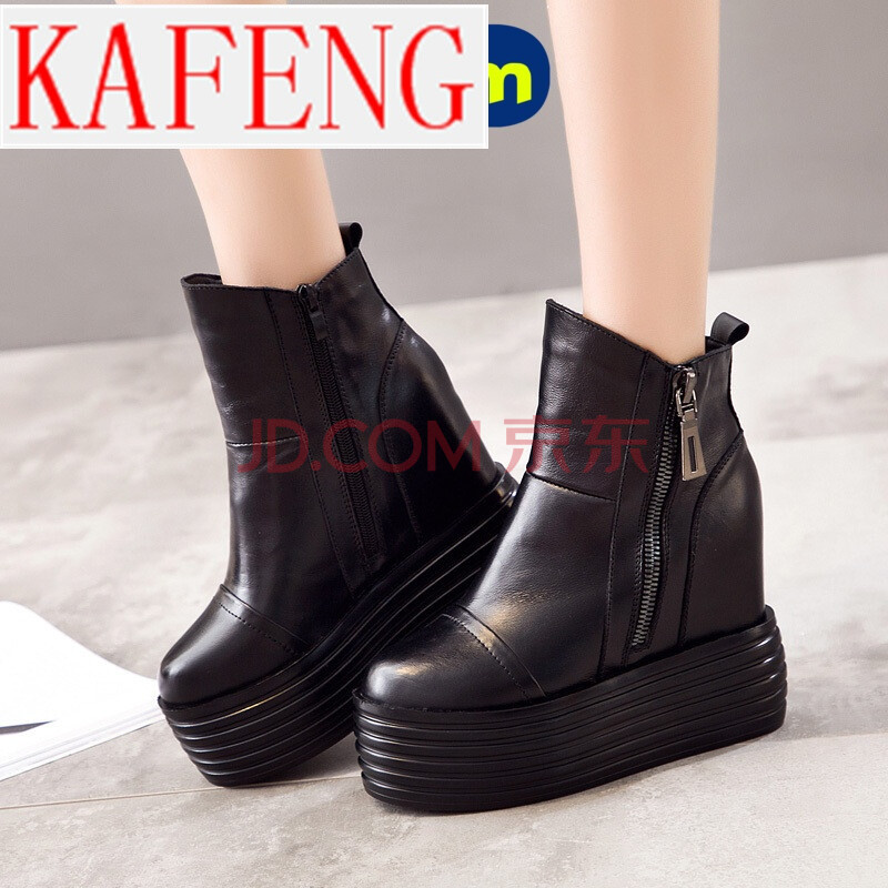 KAFENG旗艦店安全正品2018內增高10cm女鞋高跟顯瘦百搭厚底增高鞋英倫風馬丁靴潮 黑色 38