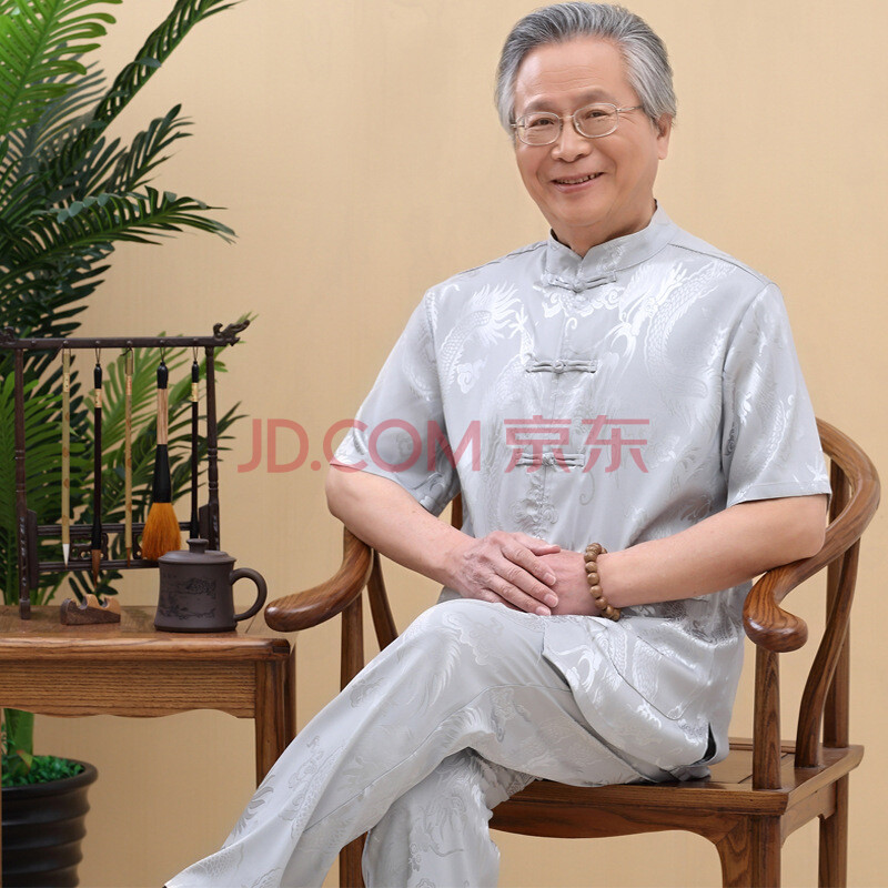 春夏中老年唐装男短袖真丝绸缎套装中式桑蚕丝大码长袖爸爸晨练服 短袖大龙灰 185/不缩水