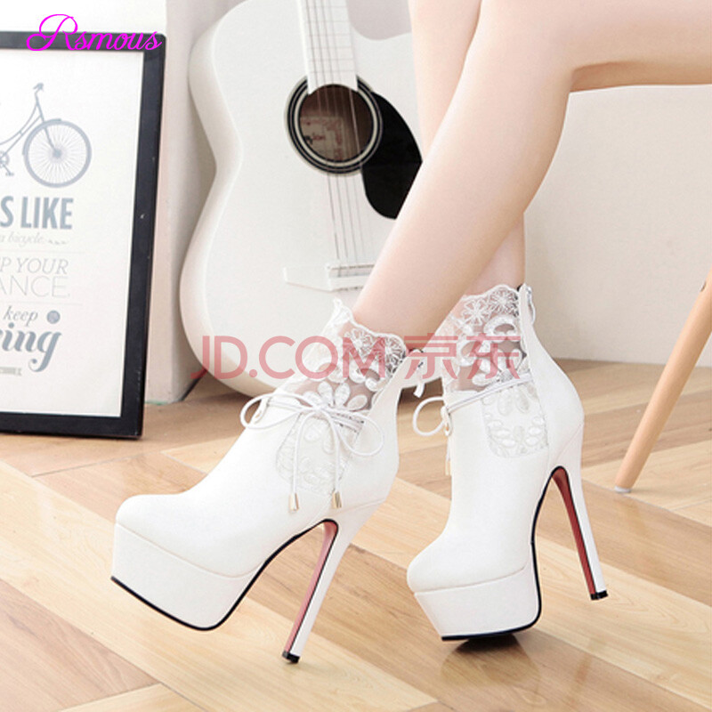 款高跟短靴细跟裸靴防水台短靴女靴性感蕾丝高跟鞋女筒靴 955-1 白色