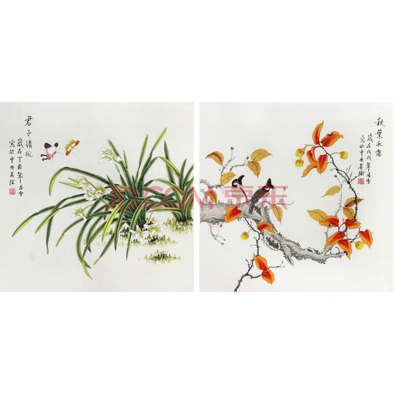 著名画家 凌雪 《花鸟斗方两幅》