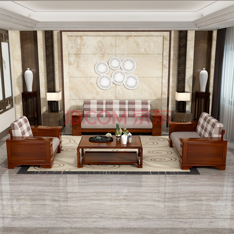 金隆凰 纯实木沙发组合客厅1 2 3 新中式布艺沙发水曲柳沙发 1 2 3