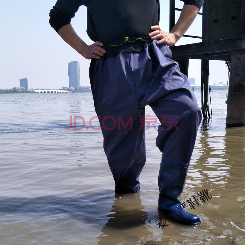 长筒雨靴2018新品插秧长筒消水靴雨鞋钓鱼水田洗车鞋胶鞋雨靴 蓝色厚底腰裤 43