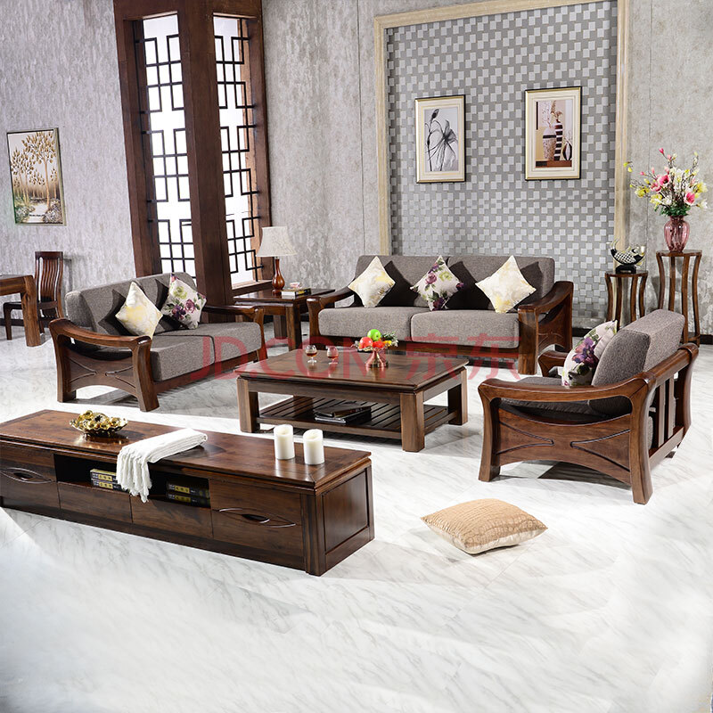 直远北美黑胡桃木全实木沙发 123现代新中式实木家具客厅布艺组合沙发