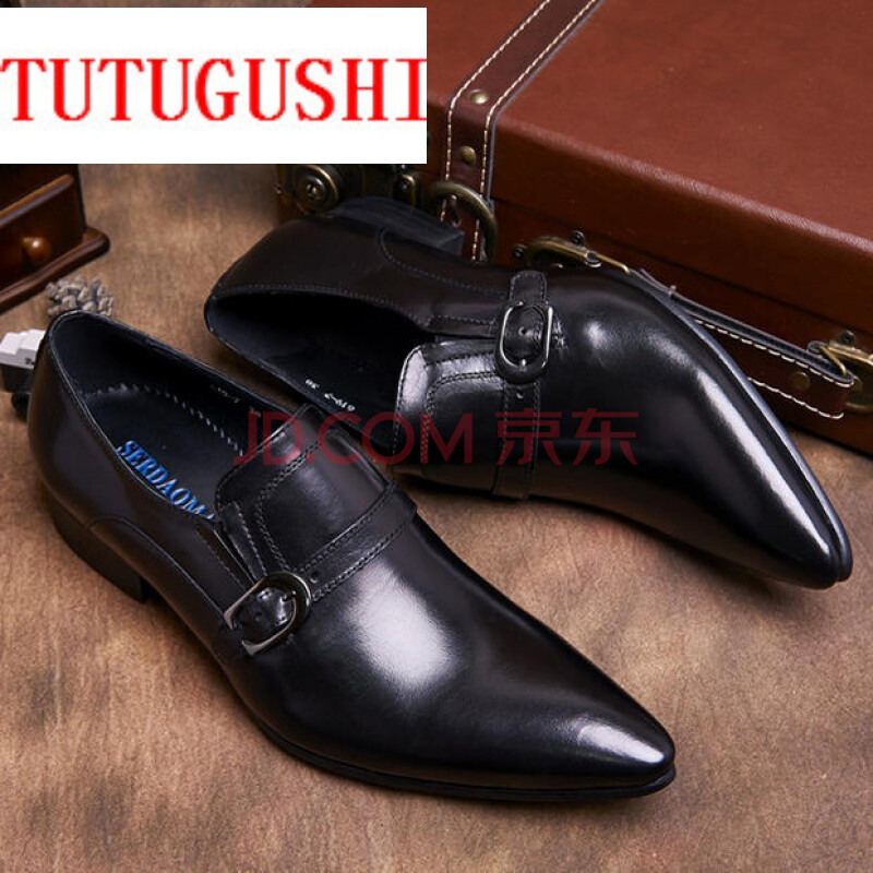 TUTUGUSHI时尚潮流尖头皮鞋男英伦修身西装皮鞋搭扣男鞋婚鞋鞋子 黑色 38