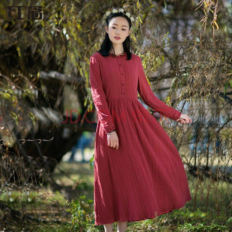 红念文艺范七分袖纯棉宽松连衣裙 2016春装新款白色长裙大码女装 酒红