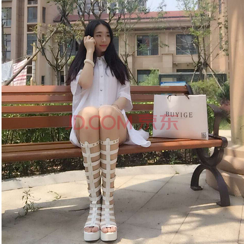 明星同款夏季高跟坡跟魚嘴長靴高筒羅馬顯瘦長靴內增高鏤空馬丁靴女鞋涼鞋 自然白 35