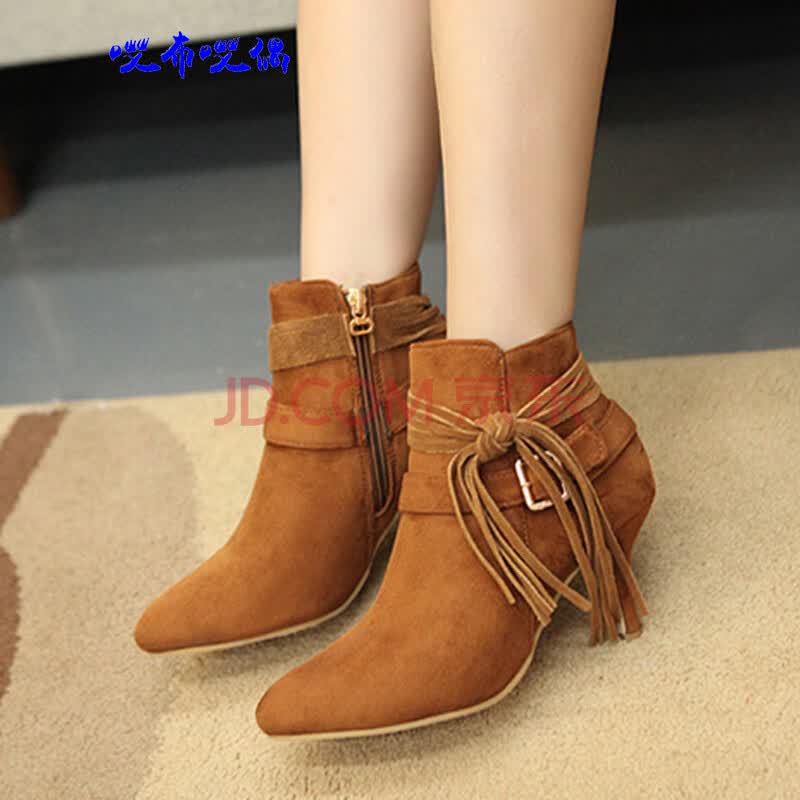 秋冬新款女靴时尚韩版尖头高跟细跟流苏皮带扣短靴裸靴 456-3 棕色 37
