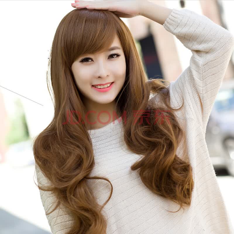 女士假发长卷发 大波浪逼真美发 韩国斜刘海梨花头整顶假发套 浅棕色