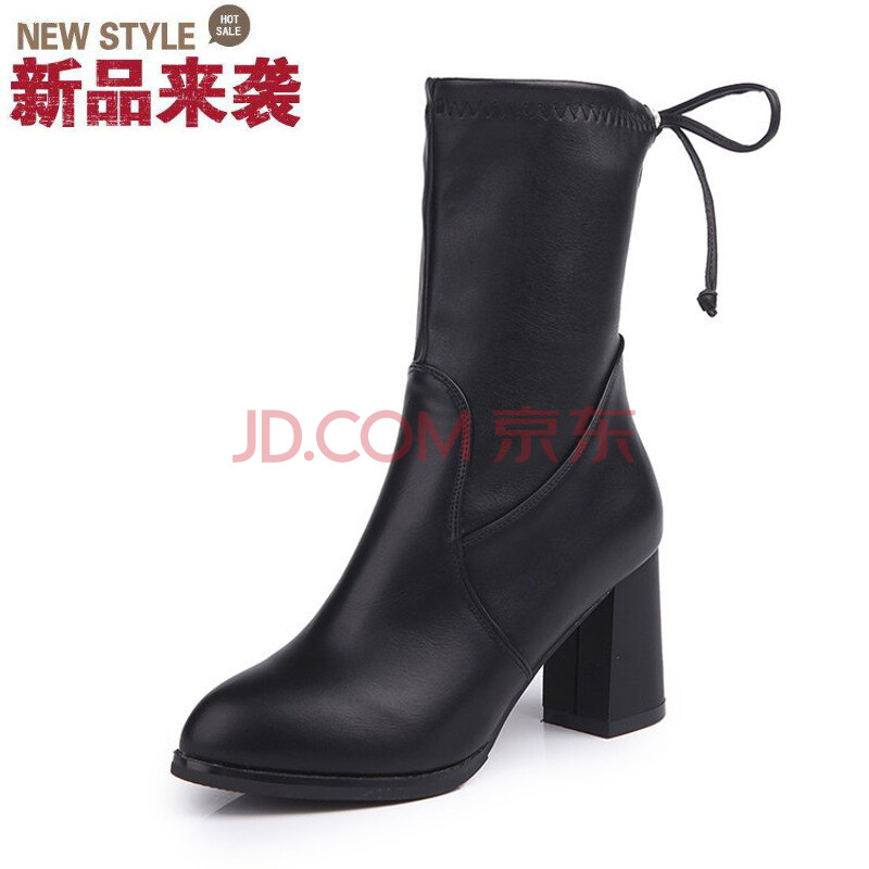 新款時尚粗跟女鞋絨面中筒靴高跟黑色顯瘦馬丁靴女 皮黑 39