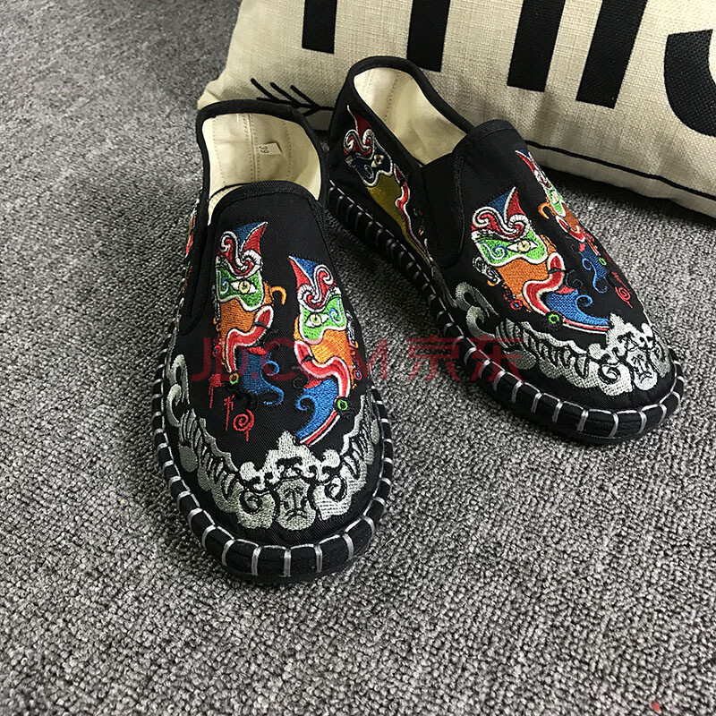 原色布鞋仆老北京社會小伙印跡刺繡藝帆布鞋色鬼臉譜懶人漁夫鞋男 黑色戲曲 38
