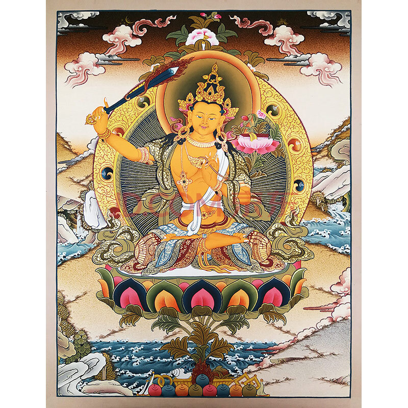 尼泊尔唐卡画师buddha lama作品彩绘描金文殊菩萨独尊唐卡(编号1454)