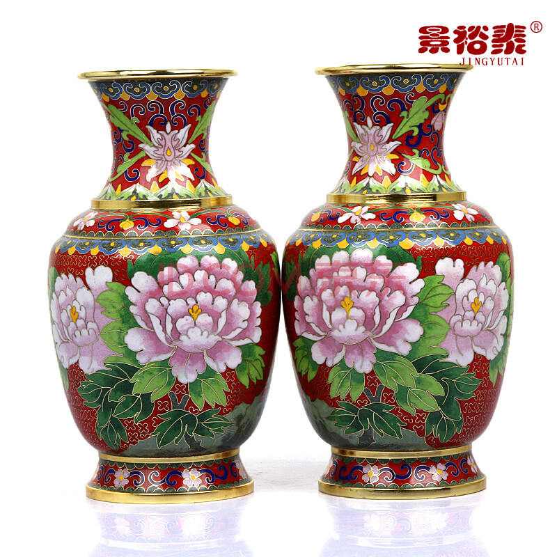 景裕泰 12寸景泰蓝花瓶红底牡丹花铜胎掐丝珐琅外事商务送领导小礼品