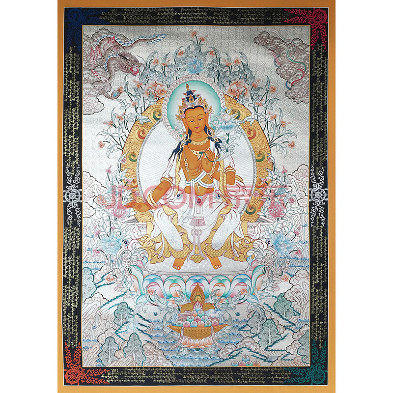 尼泊尔唐卡画师shankar lama作品纯银彩绘饰金天冠弥勒菩萨独尊唐卡
