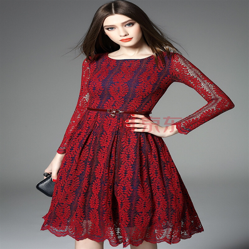 灵寇*欧洲站2016春夏季女装镂空圆领长袖水溶蕾丝长裙