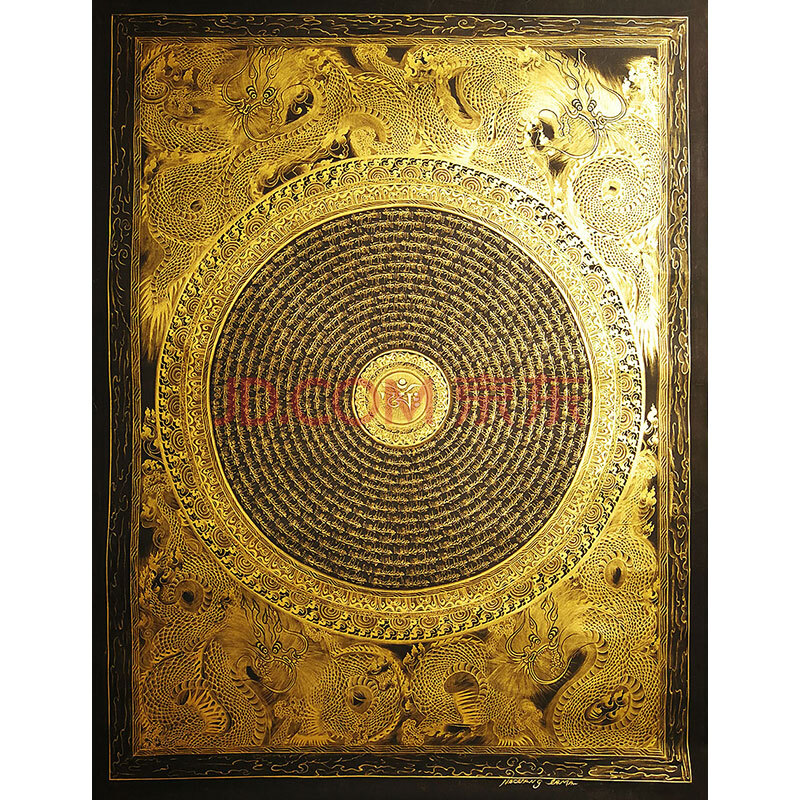 尼泊尔唐卡画师nawang lama作品小幅混合金龙纹六字大明咒坛城唐卡