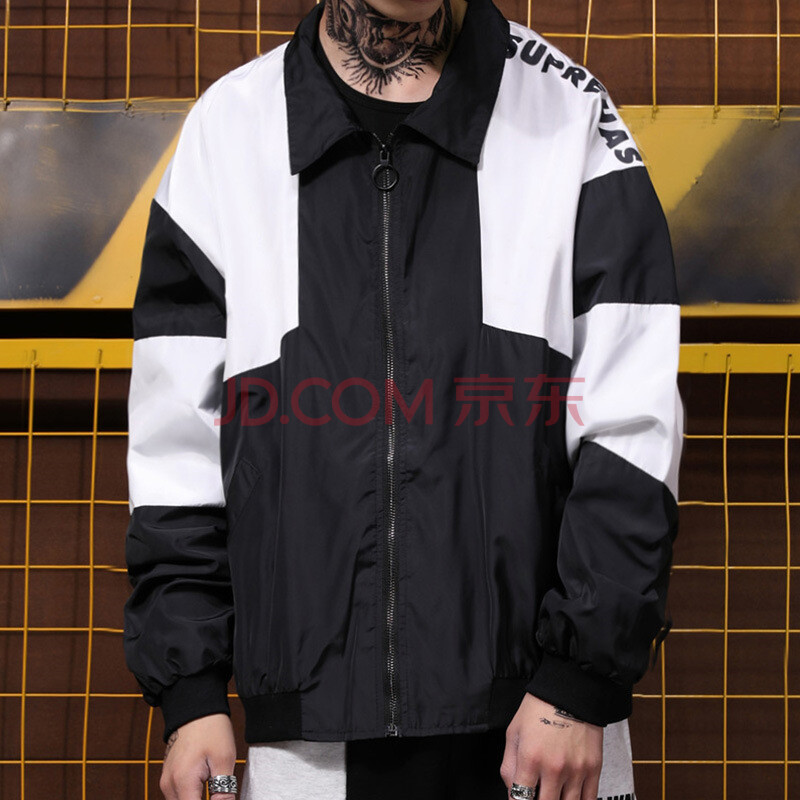 嘻哈春夏新款西海岸寬松薄款風衣街頭潮牌撞色拼接情侶防曬外套 黑色 M