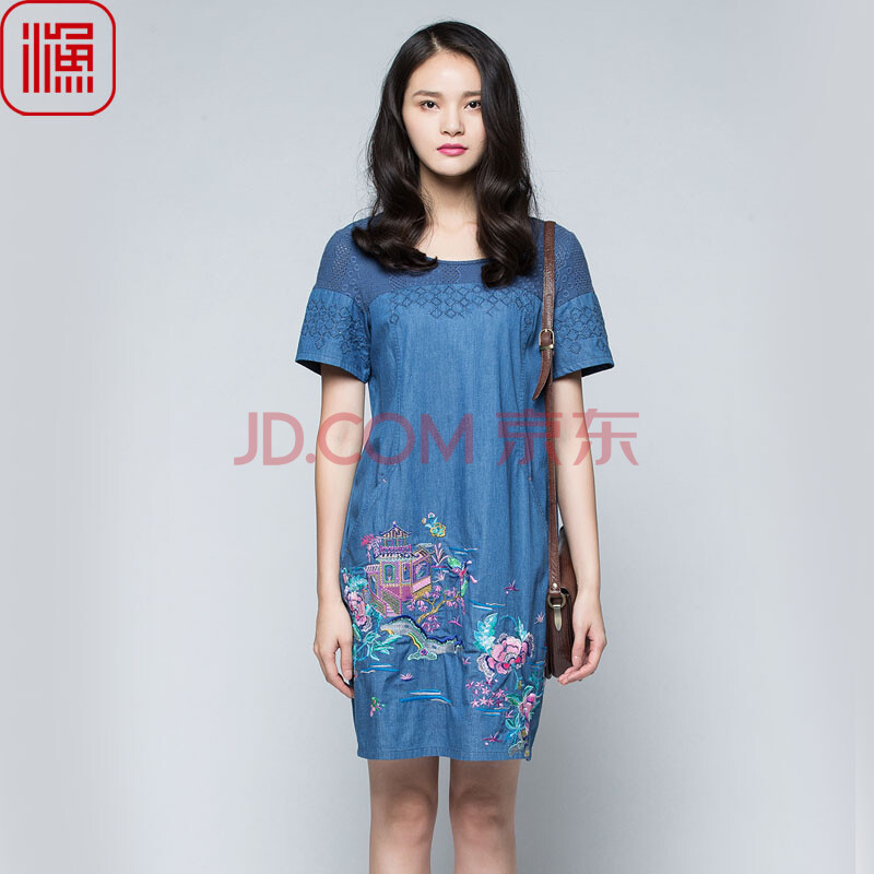 渔牌女装正品绣花连衣裙夏修身显瘦短袖牛仔裙镂空中裙春装连衣裙