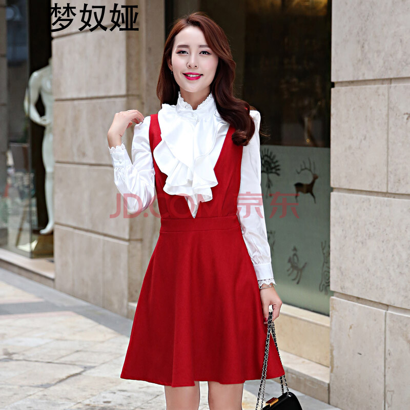 2015春秋季新款女装韩版长袖圆领蕾丝拼接连衣裙两件套修身显瘦衬衫图片