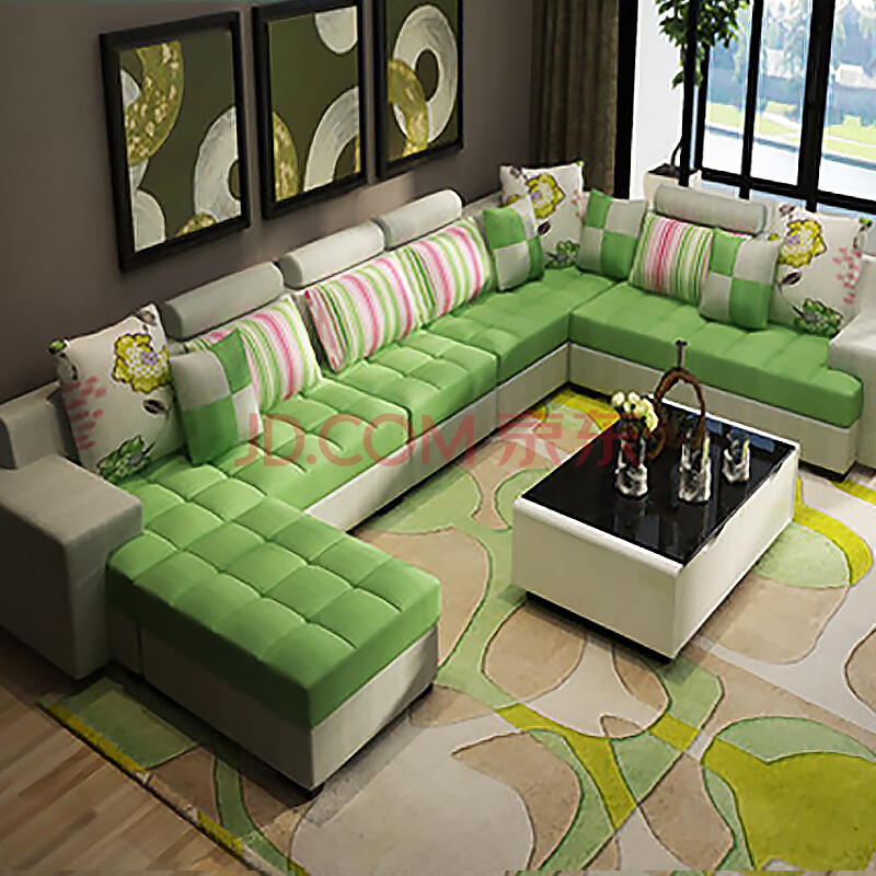 美凯 大小户型布艺沙发 客厅家具现代简约转角可拆洗沙发组合 草绿色