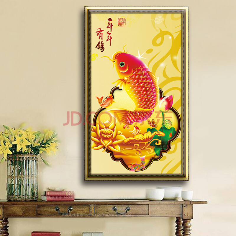 蒙娜丽莎印花年年有鱼十字绣年年有余鱼客厅画新款玄关竖版鱼系列 w