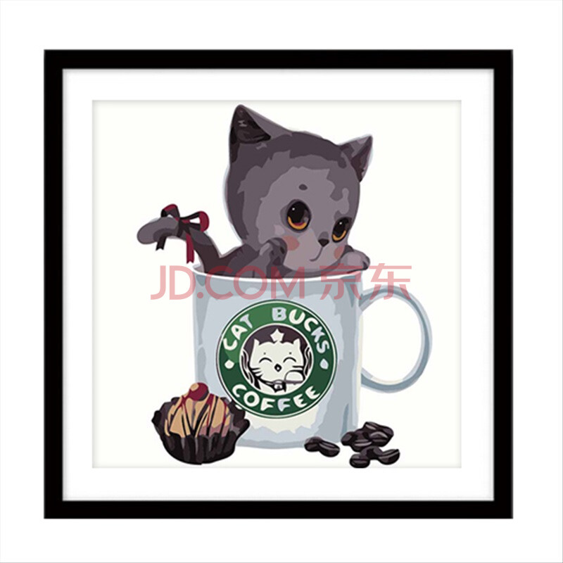 diy数字油画动漫卡通动物大幅手绘装饰画茶杯猫 d038花脸猫 30*30订好