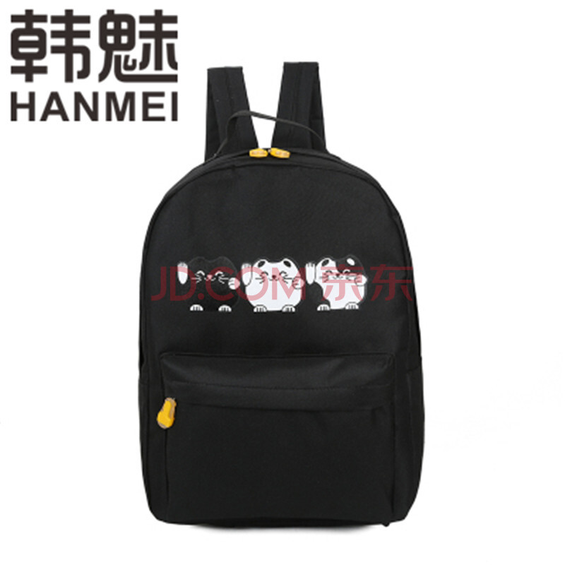 卡通黑白猫帆布加厚双肩包少女背包韩版 可爱小清新学生书包女生 黑色