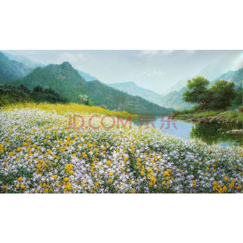 万寿台画家 圣山《湖水的野菊花》朝鲜油画【白头山出品】