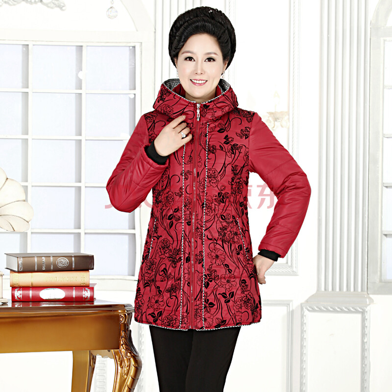 apc 2014新款中老年外套女装妈妈装棉服大翻领刺绣加厚上衣 红色 3xl