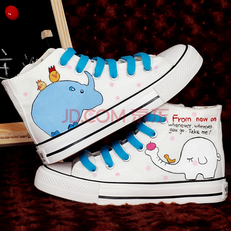 卜丁2014韩版儿童帆布鞋男女童鞋 中帮系带手绘鞋 大象图案卡通涂鸦鞋