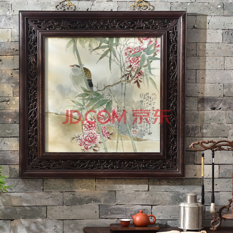 【中国陶瓷艺术大师】陈仰忠 竹林深处有桃花 瓷板画 实木框 273 c2