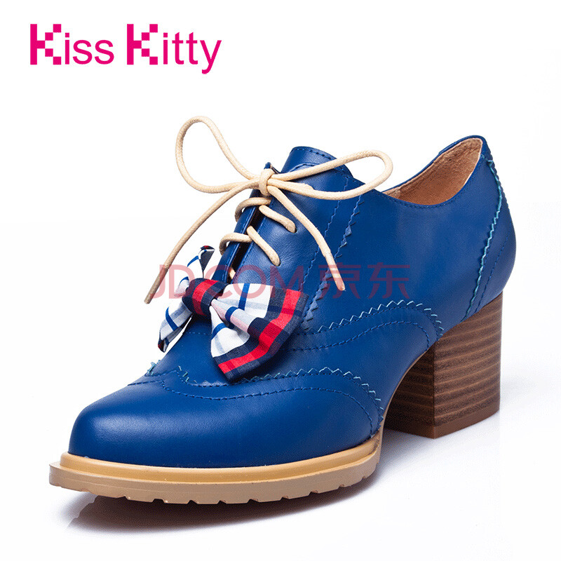 正品2014秋新款学院蝴蝶结系带中粗跟头层牛皮深口单鞋 蓝色 38