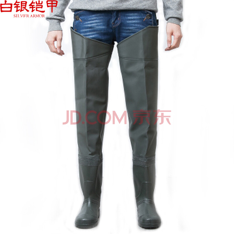 白银铠甲 半身加厚下水裤厚底防滑钓鱼裤高筒雨鞋捕鱼插秧鞋下水鞋 绿色 38
