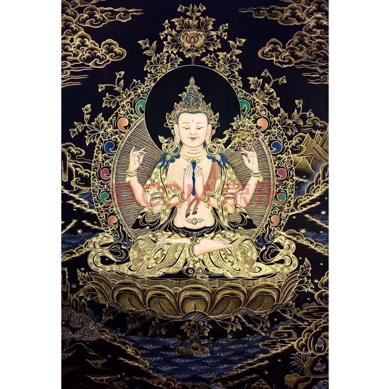 (尼泊尔)lama 黑金《四臂观音》采用纯金 唐卡画师
