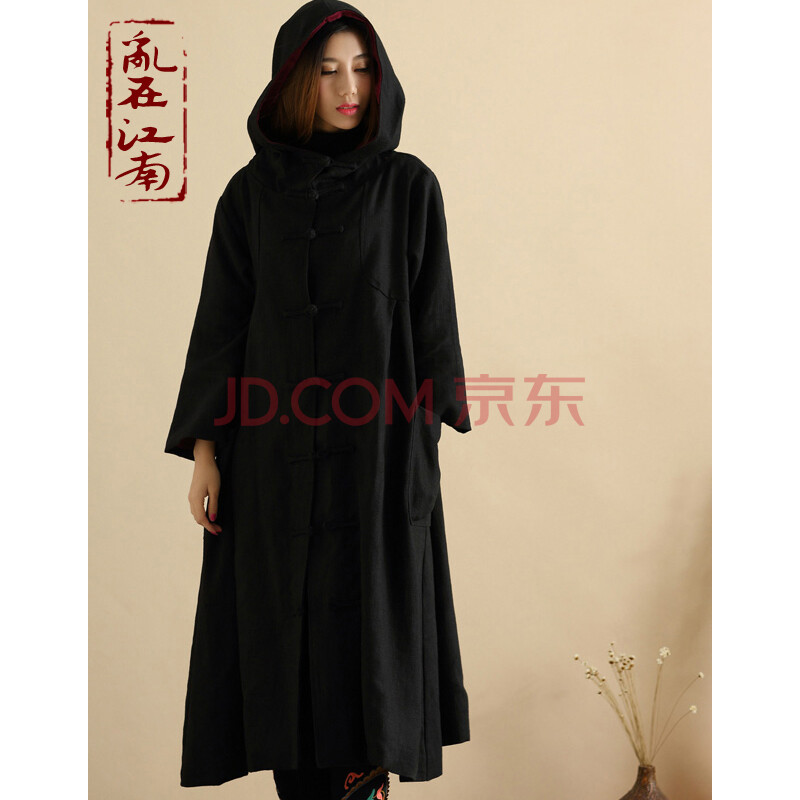女装 风衣 乱在江南 乱在江南棉麻连帽长款风衣女秋装新品宽松民族风