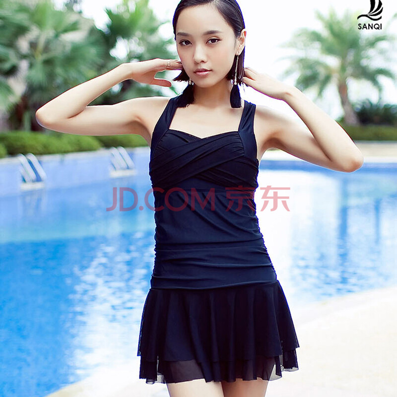 三奇游泳衣女士连体裙式 性感钢托小胸聚拢显瘦遮肚温泉保守泳装 黑色