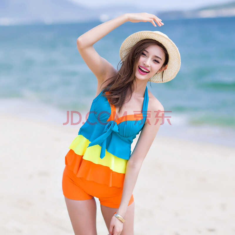 海波特 女士泳衣二件套保守游泳衣大胸有胸垫有钢托泳装 桔黄色 5xl