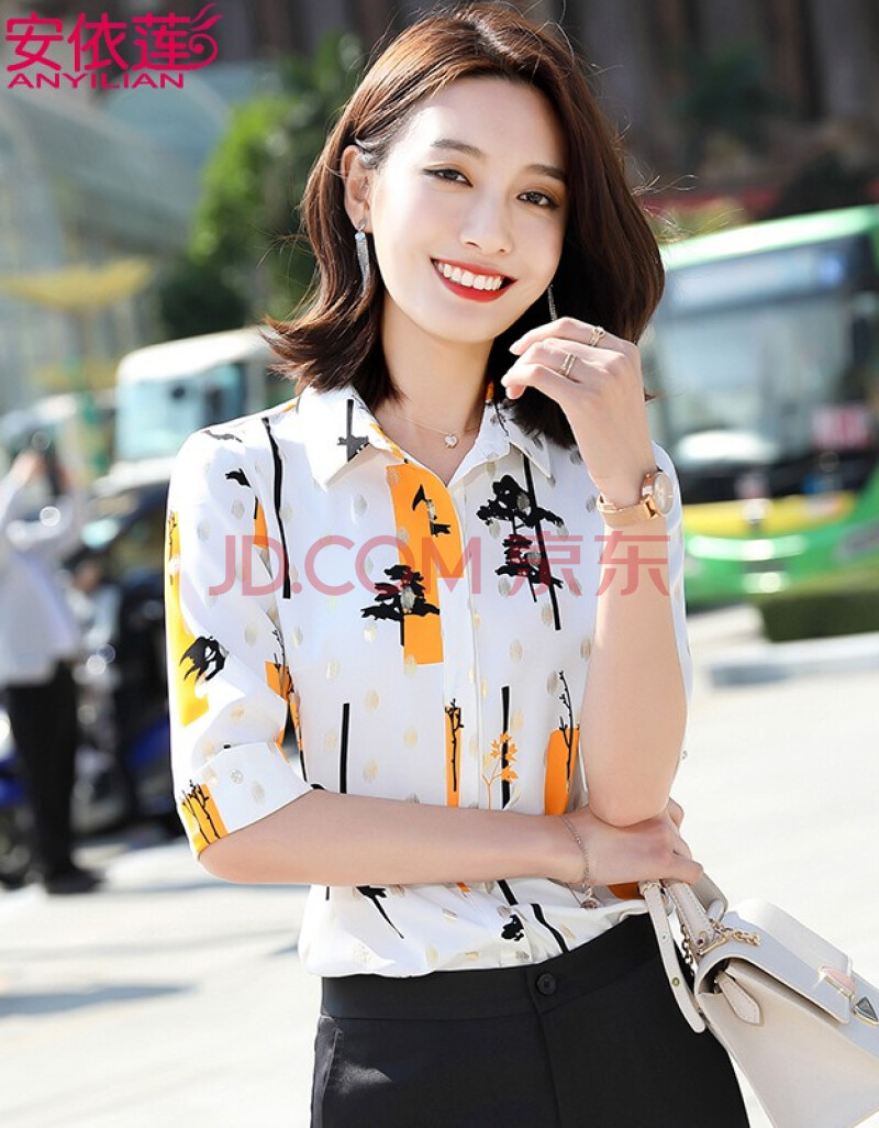 衬衫女中袖韩版方领衬衣2020年新款春夏女装修身时尚衬衣女 印花衬衫
