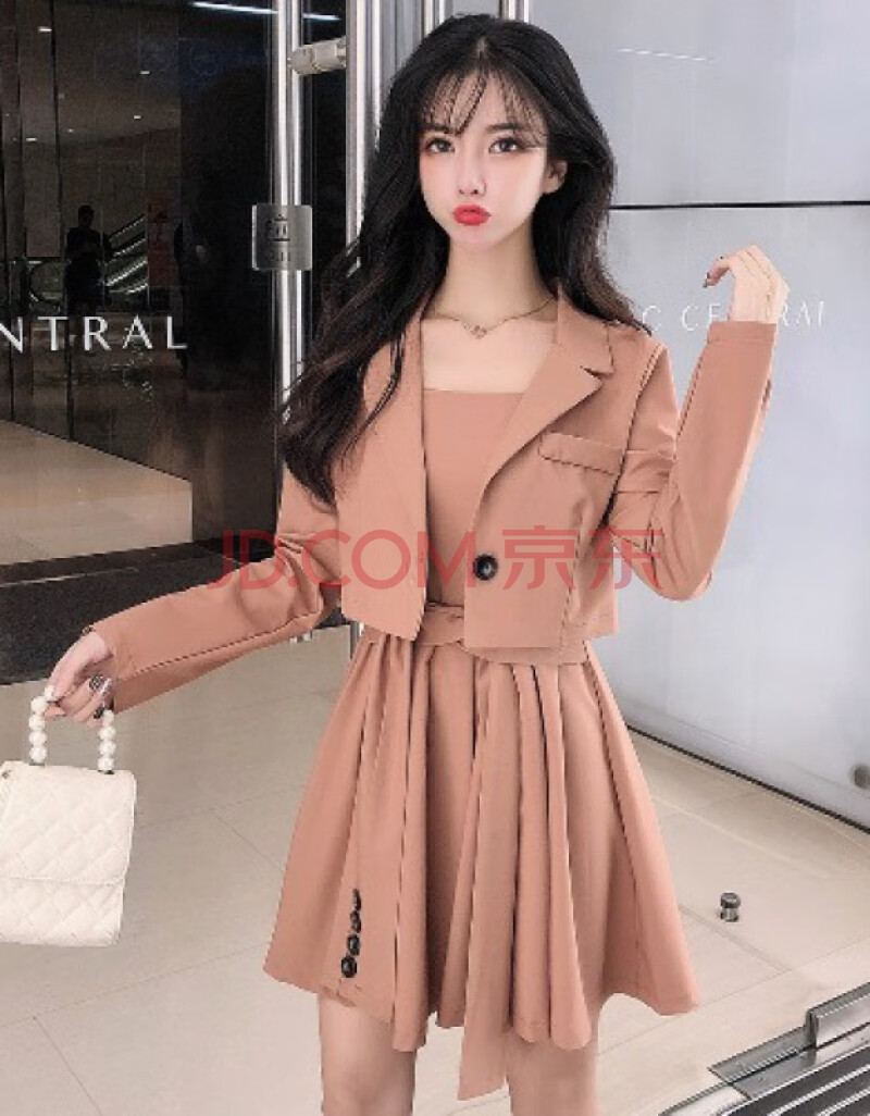 小香风套装女秋季短款西服外套 修身绑带吊带裙连衣裙