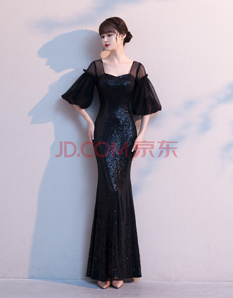 主持人长款气场女王亮片鱼尾礼服裙宴会高贵晚礼服鱼尾裙晚礼服黑色xs