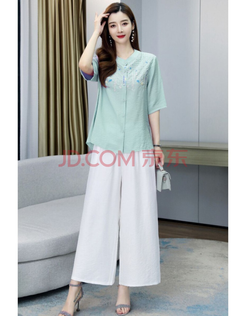 高档轻奢品牌刺绣棉麻套装女2021新款显瘦休闲遮肚洋气苎麻阔腿裤两件