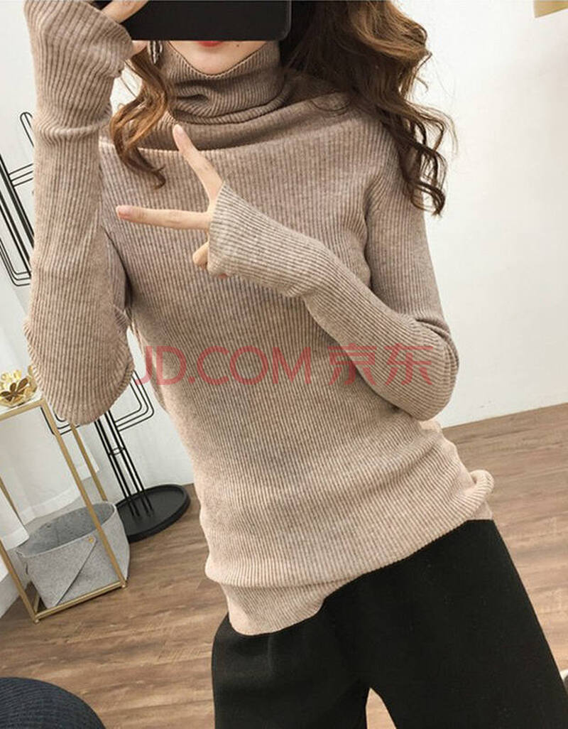 高领毛衣女新款堆堆领百搭打底衫女2019秋冬手套袖修身加厚针织衫