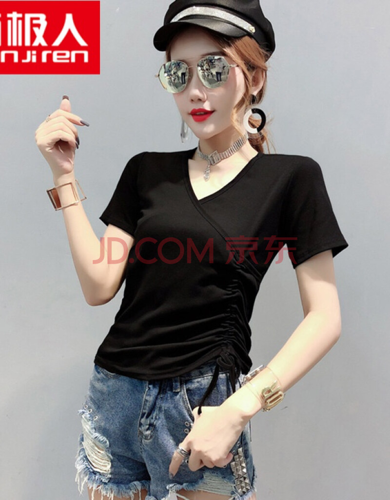 南极人品牌女装高档洋气短款小衫女2021夏季新款设计感小众抽绳短袖