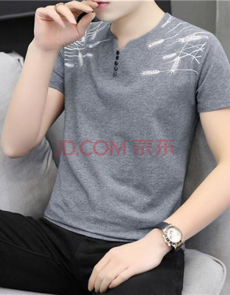 夏季款棉短袖t恤男修身潮流v字领半截袖丅恤桖成熟上衣服 qy637深灰色
