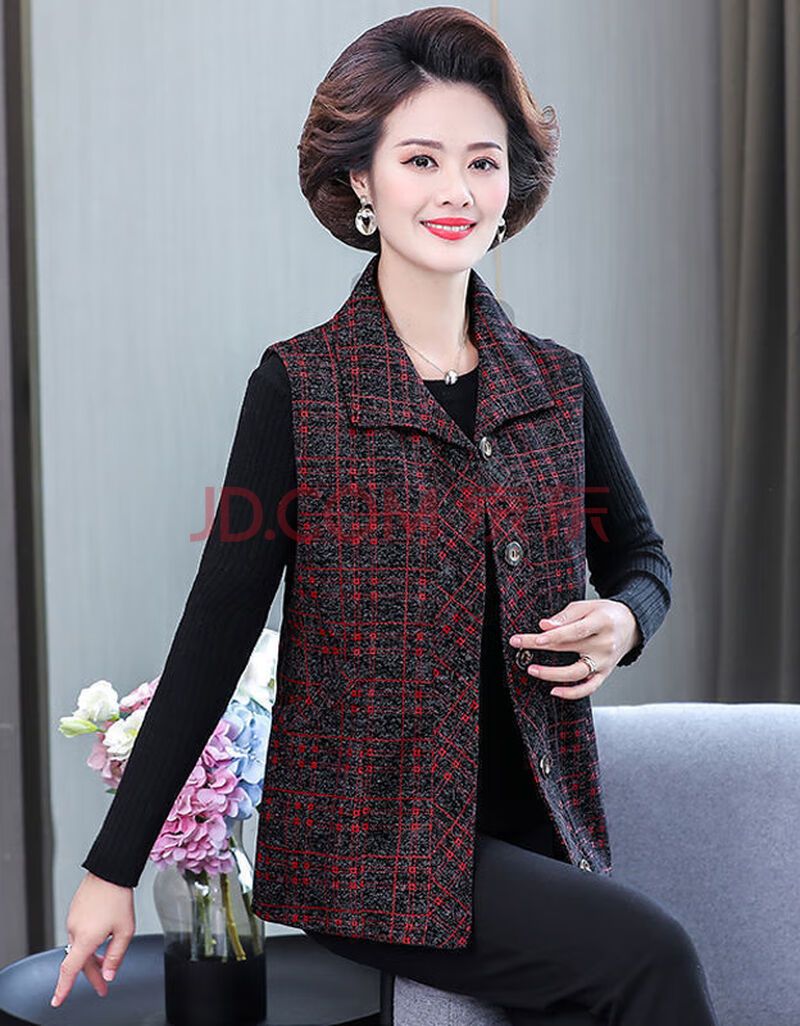 妈妈马甲女士坎肩春秋外穿中老年大码马夹老年人女开衫洋气外套 红色