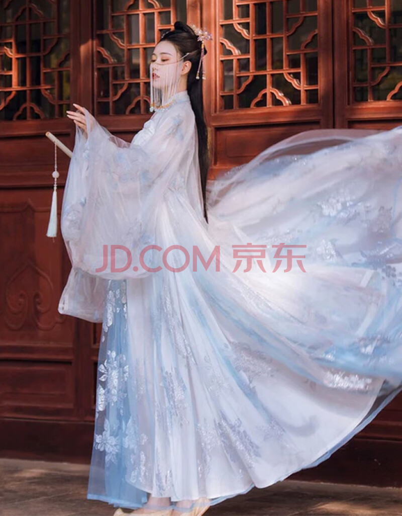 汉服女中国风仙飘逸广袖交领齐胸襦裙唐装刺绣改良汉服女 浅蓝色 xs