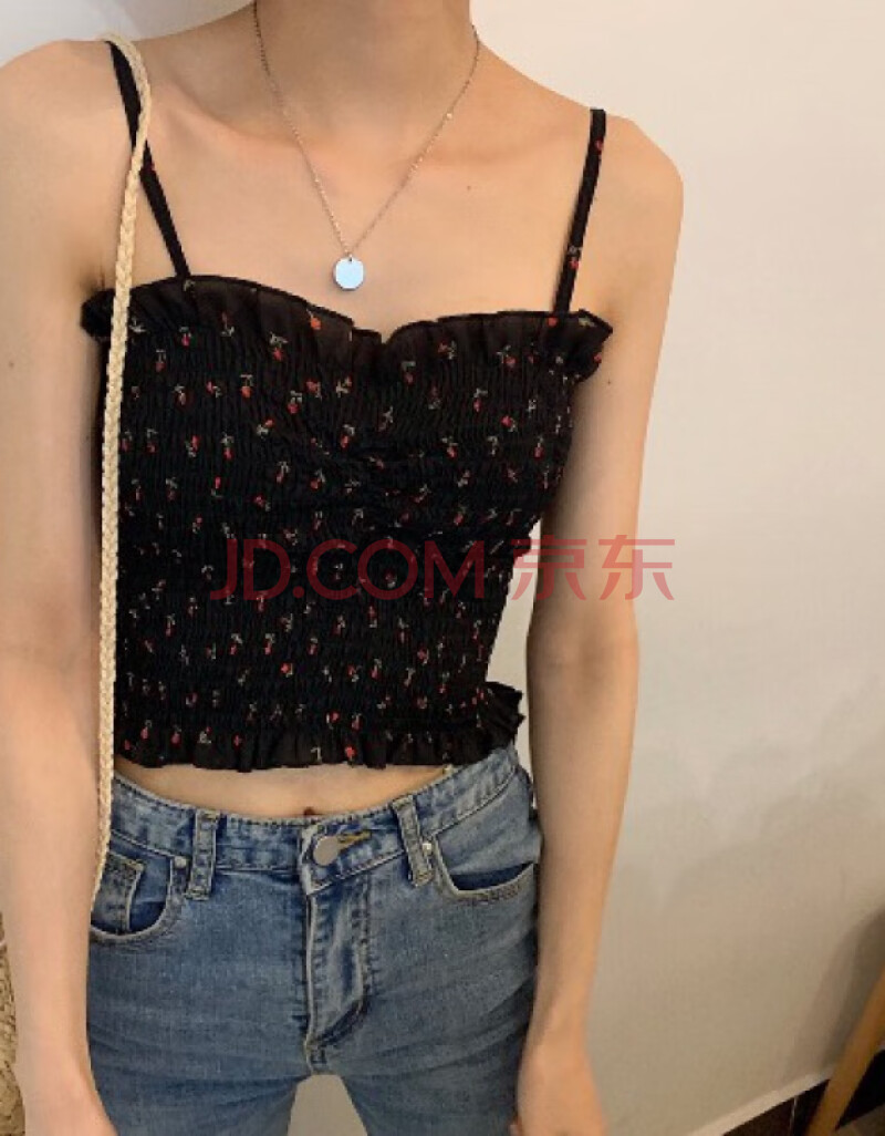 辣风碎花小吊带女夏季外穿设计感小众法式露脐短款露肩背心上衣 黑色